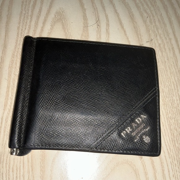 PRADA Saffiano Money Clip Bifold Wallet Card Case Black Leather Authentic